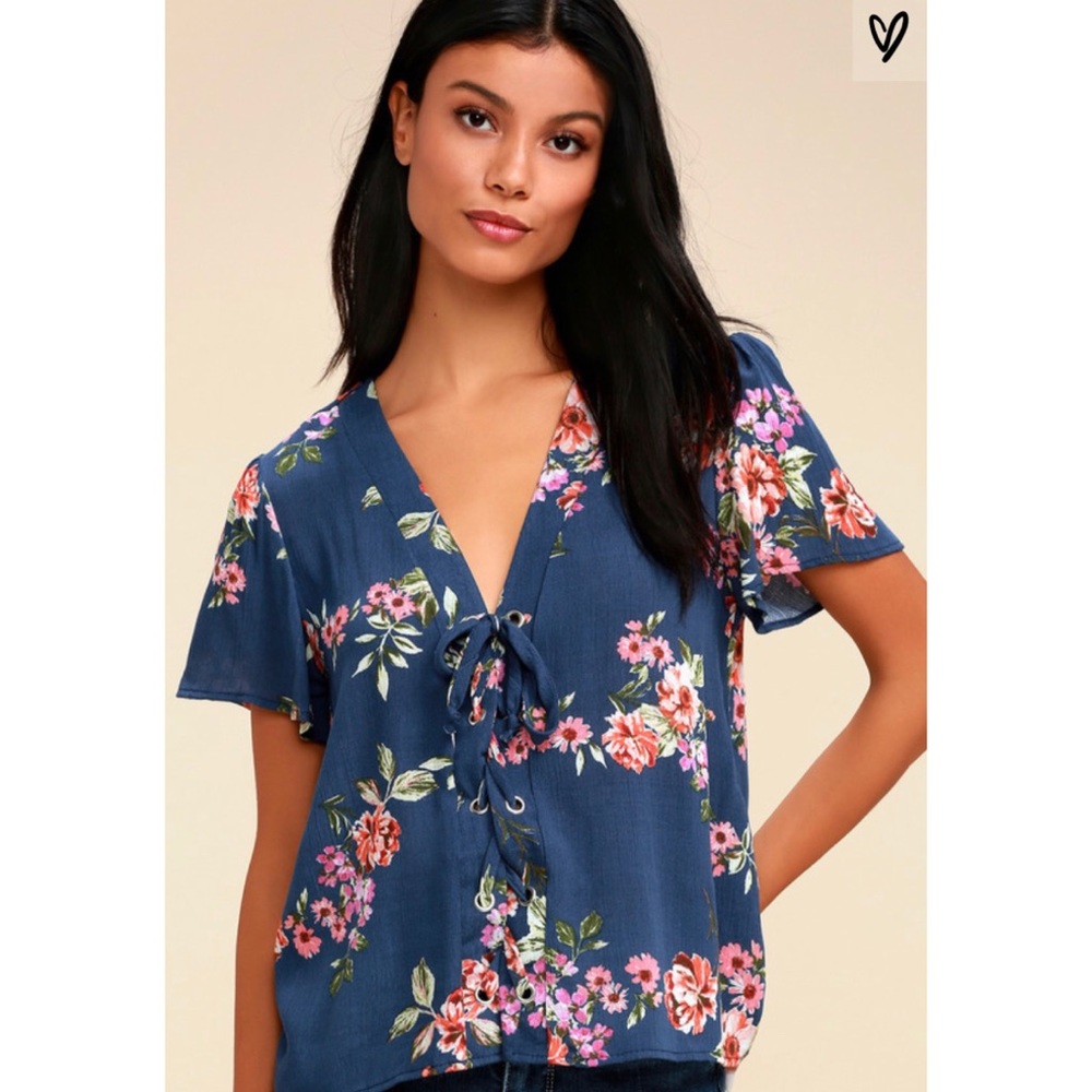 Lulus Cielito Navy Blue Floral Print Lace-Up Top